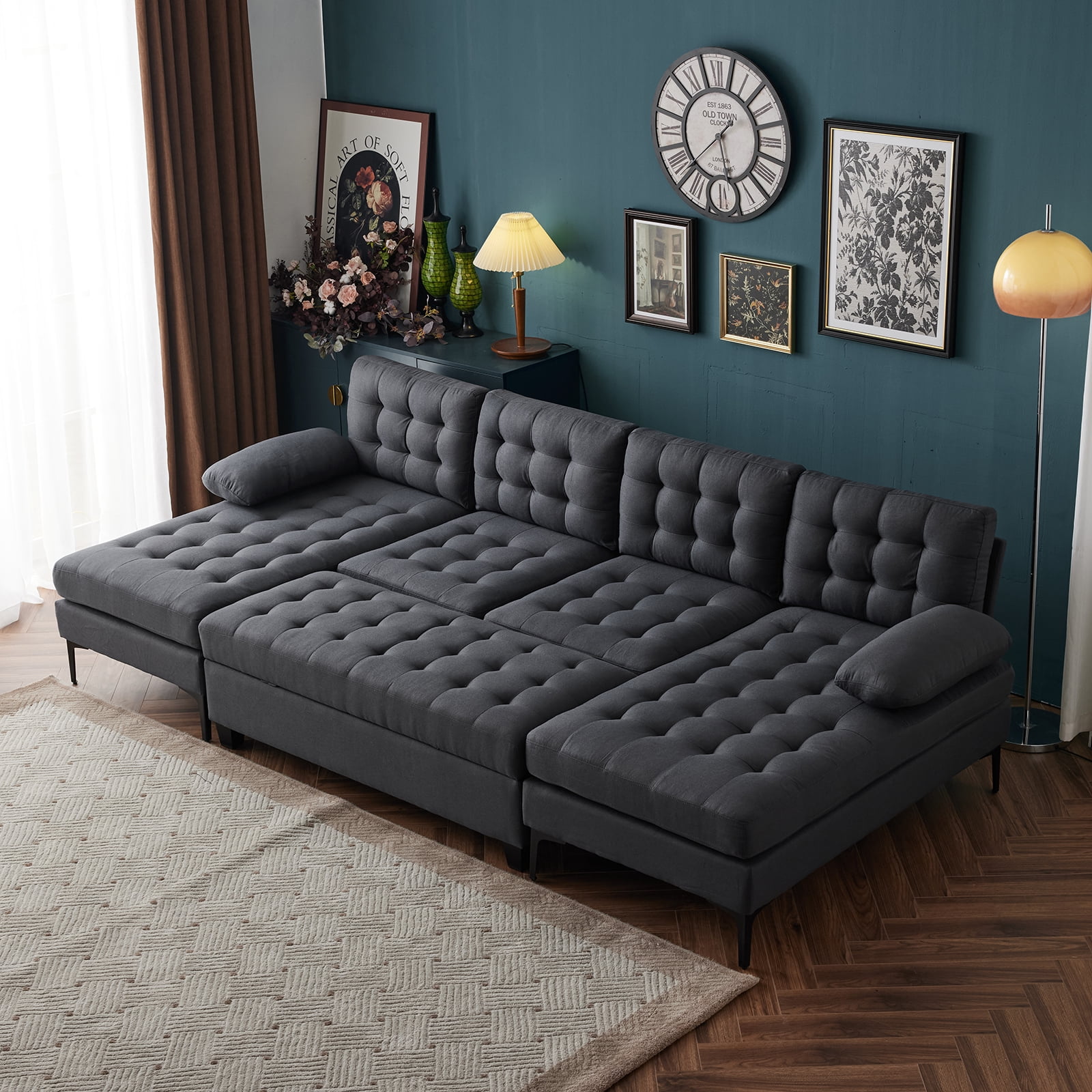 Ktaxon Sectional Sleeper Sofa, U-Shaped Couch with Customized Storage Ottoman, Linen Fabric Sofa Bed for Living Room Dark Gray
