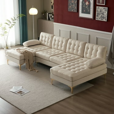 Ktaxon Sectional Sofa, 4 Seats Tufted Linen Fabric Couch, U-Shaped Lounge Sleeper with Comfy Chaise for Living Room Beige