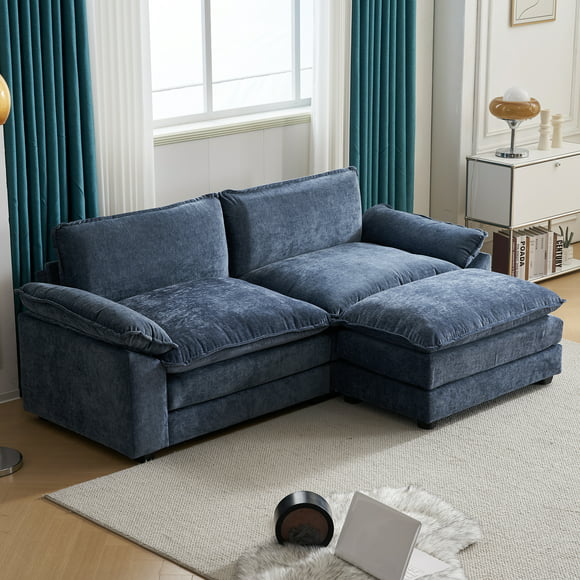 Ktaxon Sectional Sofa L Shaped Couch with Chaise Living Room Sleeper Set, 2 Seats with Chenille and Double Layer Cushions 86" W Gray-Blue