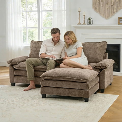 Ktaxon 87" W L Shaped Sectional Sofa, Modern Chenille Deep Seat Cloud Couch with Movable Chaise, Plush Living Room Couches for Apartment, 2-Seater Light Brown
