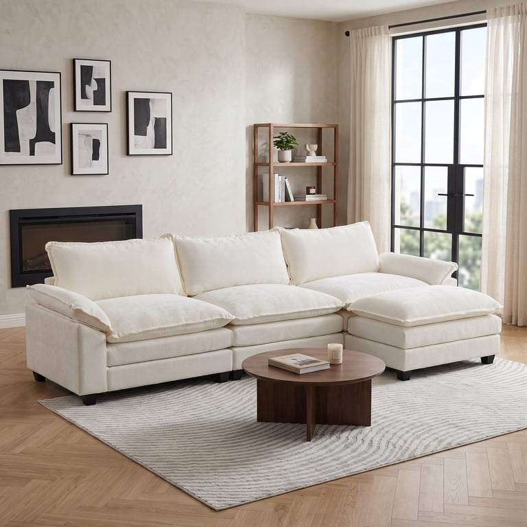 Ktaxon 120 inch W Sectional Sofa L Shaped Couch with Chaise Living Room Sleeper Set, 3 Seats with Chenille and Double Layer Cushions Beige, Size: 120