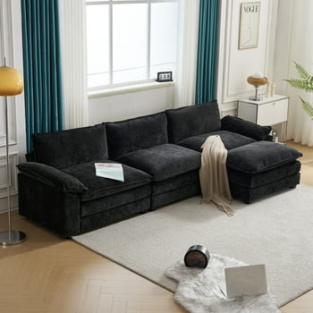 Ktaxon Sectional Sofa L Shaped Couch with Chaise Living Room Sleeper Set, 3 Seats with Chenille and Double Layer Cushions 120" W Black