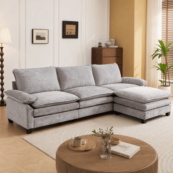 Ktaxon 122" W L Shaped Cloud Sectional Sofa, Chenille Upholstered Couch with Chaise and Movable Ottoman, 3-Seater, Light Gray