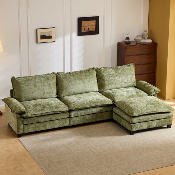 Ktaxon 120" W Sectional Sofa L Shaped Couch with Chaise Living Room Sleeper Set, 4 Seats with Chenille and Double Layer Cushions Olive Green