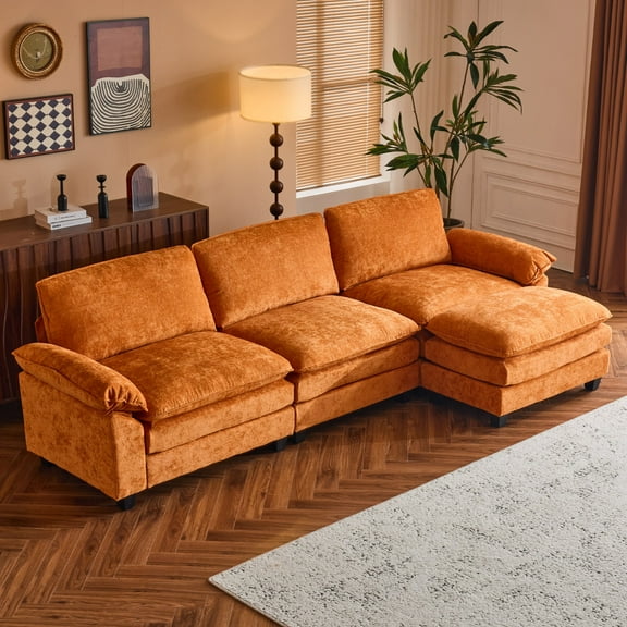 Ktaxon 120" W Sectional Sofa L Shaped Couch with Chaise Living Room Sleeper Set, 3 Seats with Chenille and Double Layer Cushions Orange