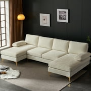 Ktaxon Sectional Sofa Set, 110" U-Shaped Chenille Couch, 4 Seat Lounge Sleeper with Double Chaise for Living Room Beige