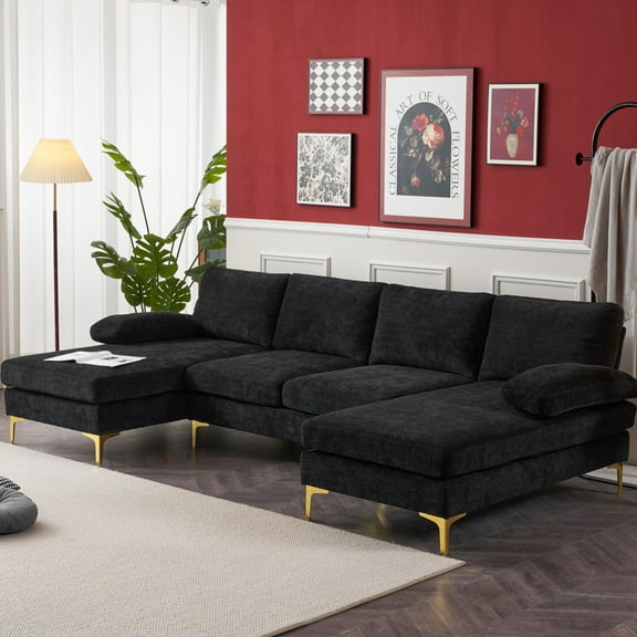 Ktaxon Sectional Sofa Set, 110" U-Shaped Chenille Couch, 4 Seat Lounge Sleeper with Double Chaise for Living Room Black