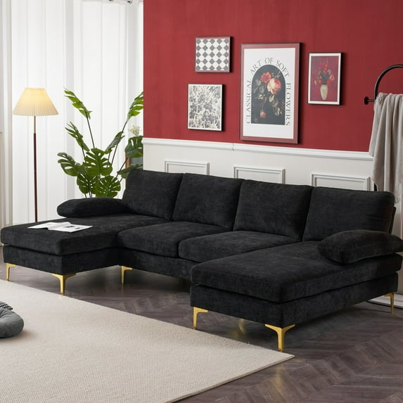 Ktaxon Sectional Sofa Set, 110" U-Shaped Chenille Couch, 4 Seat Lounge Sleeper with Double Chaise for Living Room Black