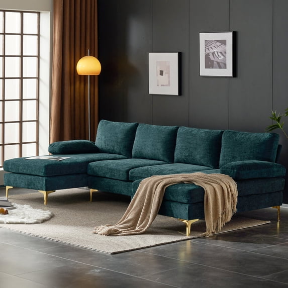 Ktaxon Sectional Sofa Set, 110" U-Shaped Chenille Couch, 4 Seat Lounge Sleeper with Double Chaise for Living Room Blue-Green