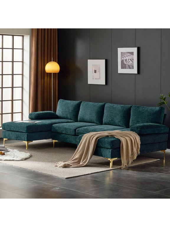 110" U-Shaped Sectional Sofa, 4-Seat Chenille Couch with Double Wide Chaise, Oversized Lounge Sofa for Living Room, Blue-Green