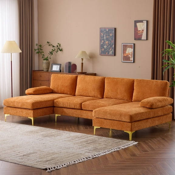 Ktaxon Sectional Sofa Set, 110" U-Shaped Chenille Couch, 4 Seat Lounge Sleeper with Double Chaise for Living Room Orange