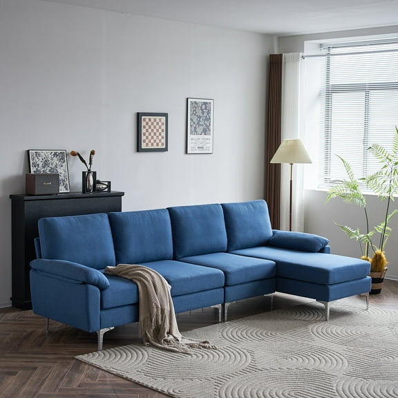 Ktaxon Sectional Sofa Set, L Shaped Linen Fabric Couch with Chaise Lounge, 4 Seats Sleeper for Living Room Blue