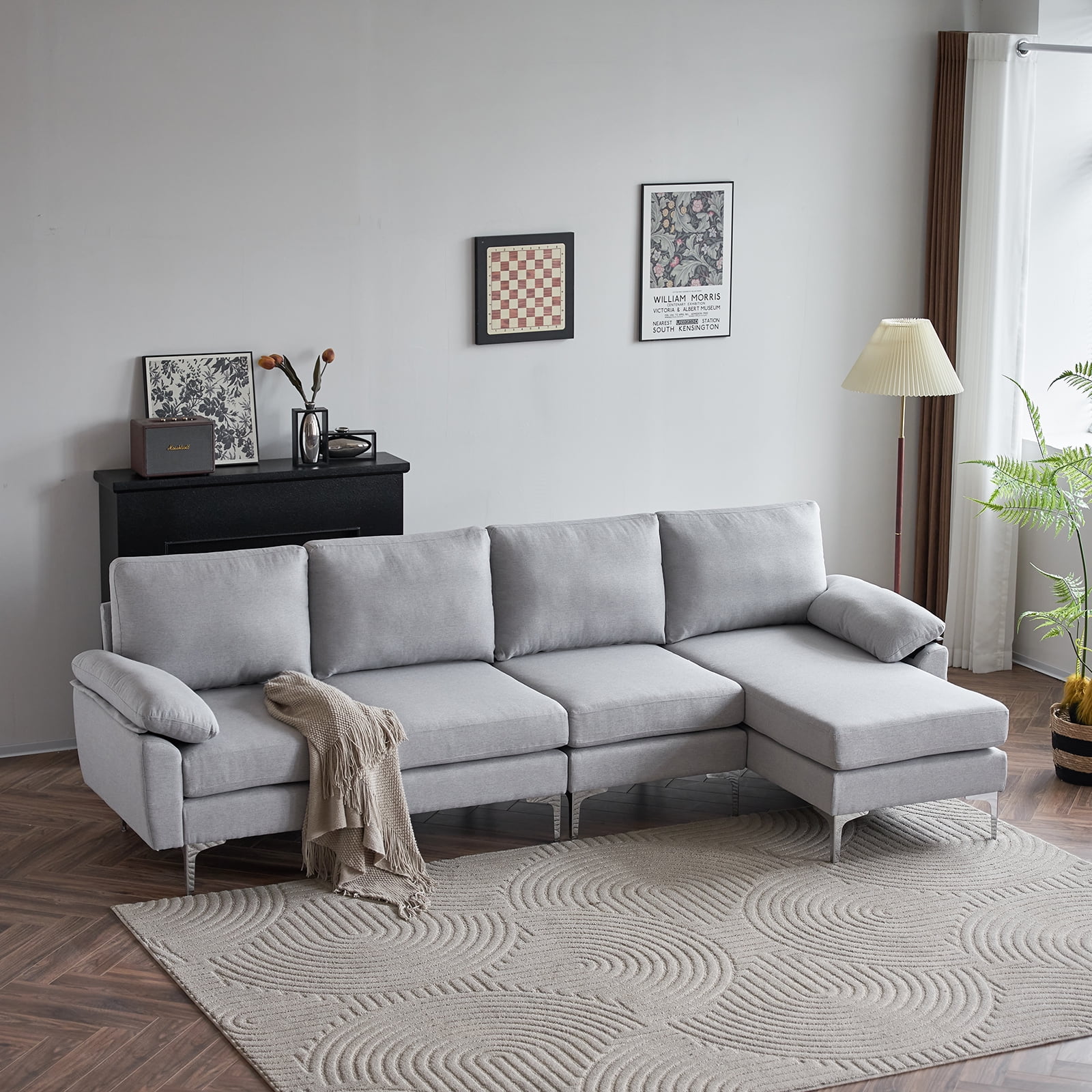Ktaxon Sectional Sofa Set L Shaped Linen Fabric Couch with Chaise Lounge 4 Seats Sleeper for Living Room Light Gray