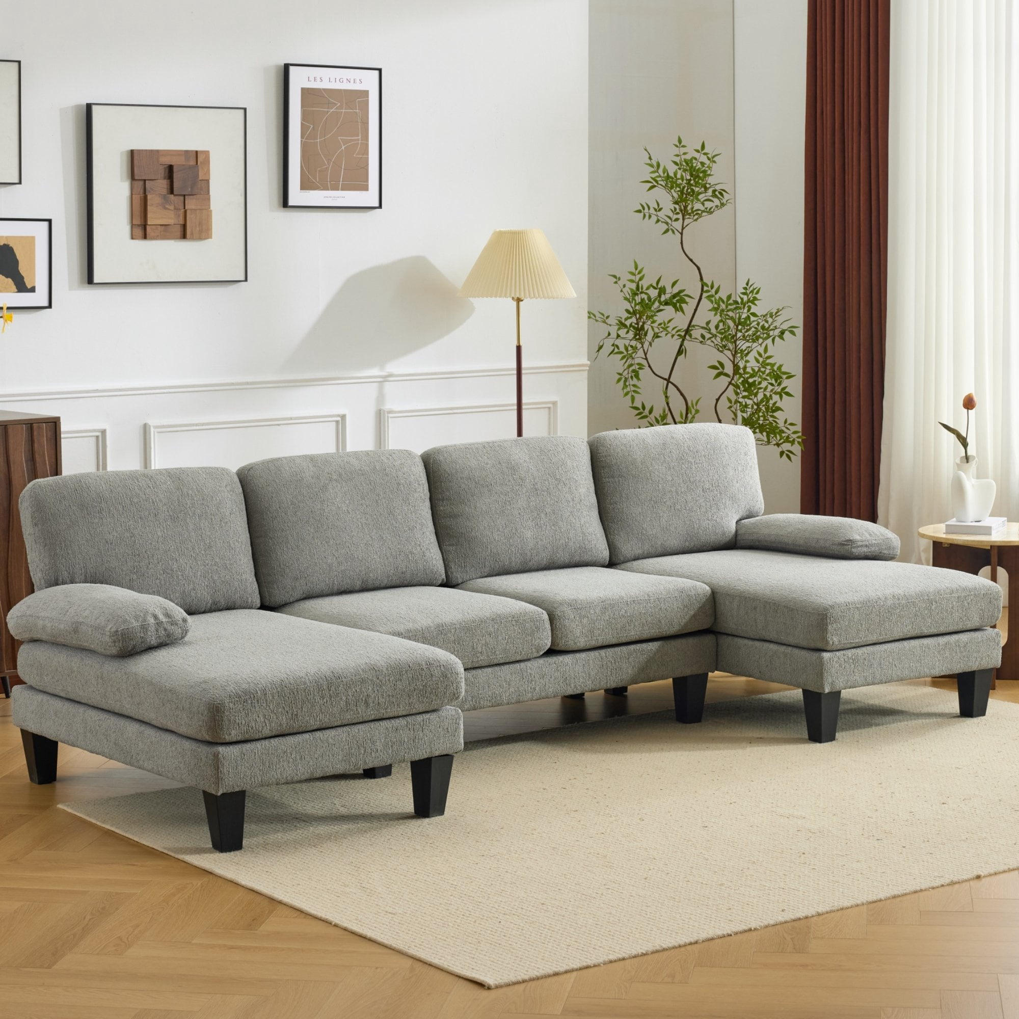 Ktaxon U-Shaped Sectional Sofa Set with Chaise, 4-Seater Blended Chenille Couch for Living Room, Apartment, Easy Assembly Blue-Gray
