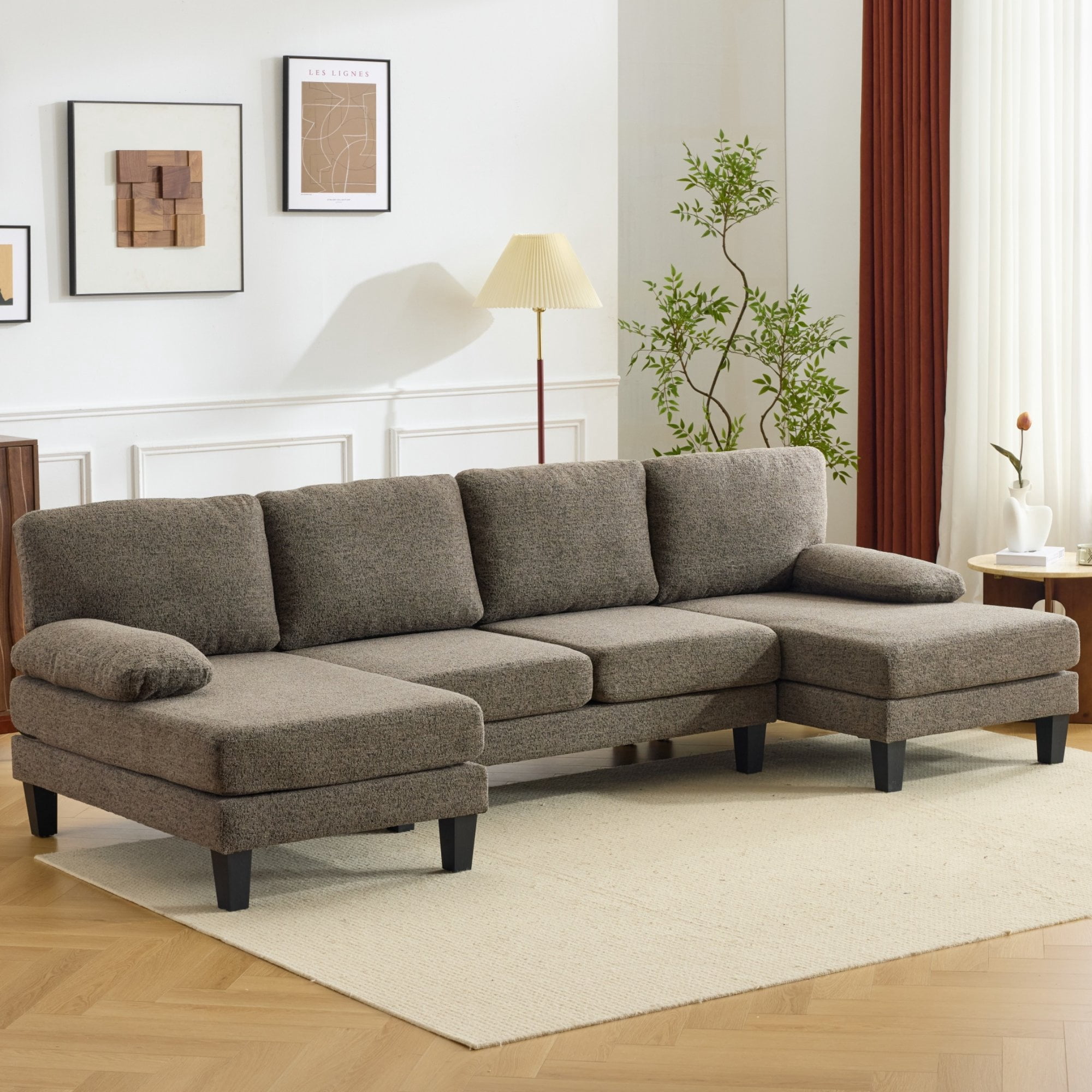 Ktaxon U-Shaped Sectional Sofa Set with Chaise, 4-Seater Blended Chenille Couch for Living Room, Apartment, Easy Assembly Brown
