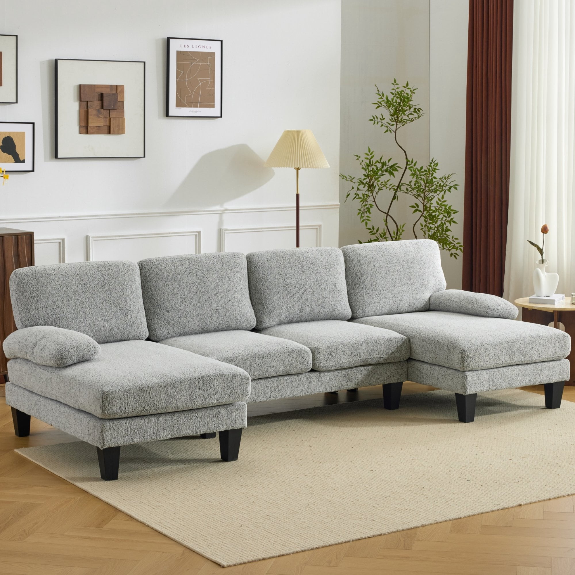 Ktaxon U-Shaped Sectional Sofa Set with Chaise, 4-Seater Blended Chenille Couch for Living Room, Apartment, Easy Assembly Gray