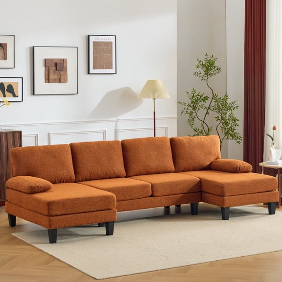 Ktaxon Sectional Sofa Set, U-Shaped Blended Chenille Couch, 4 Seat Lounge Sleeper with Chaise for Living Room Home Furniture Orange