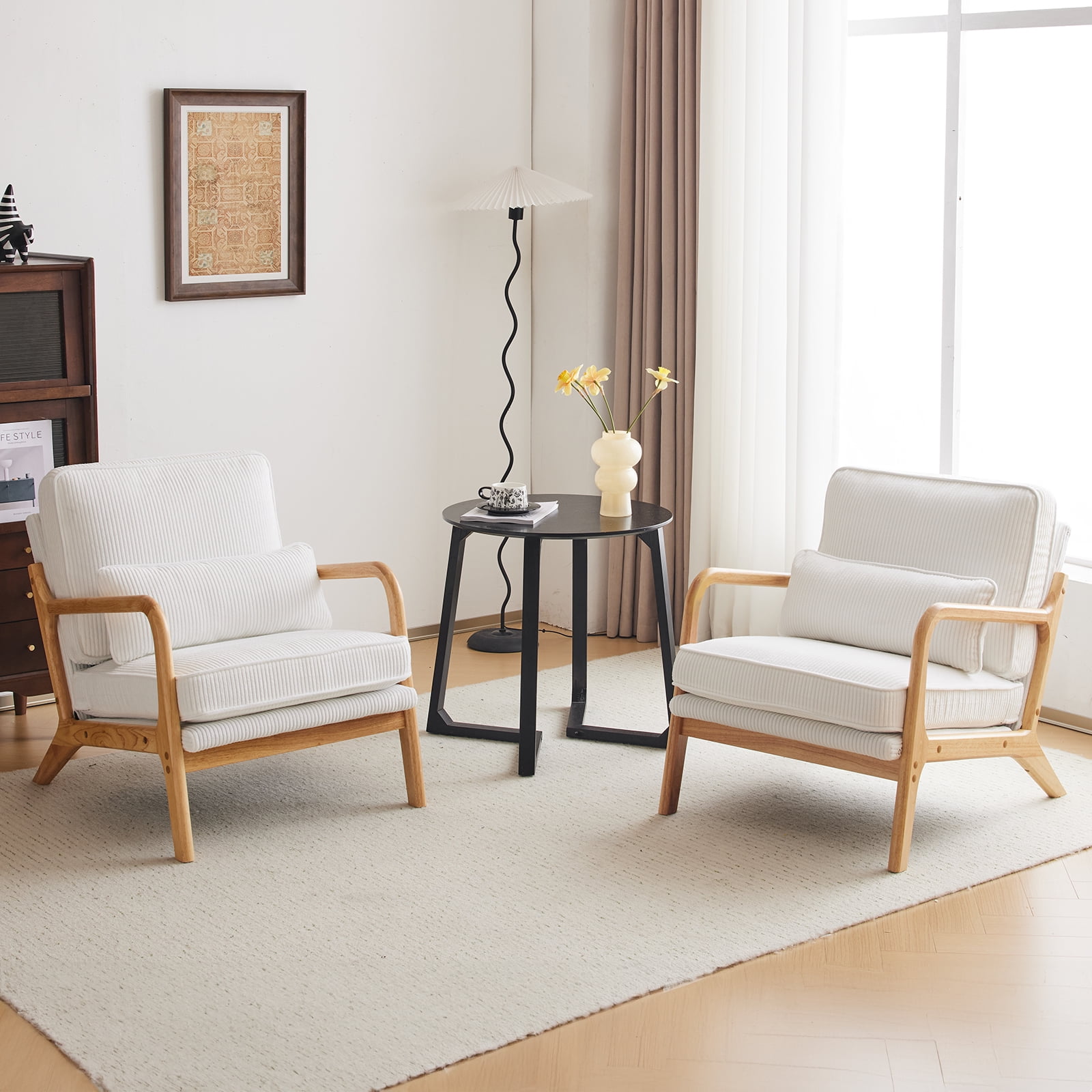 Mid-Century Modern White Corduroy and Wood Barrel Accent Chair