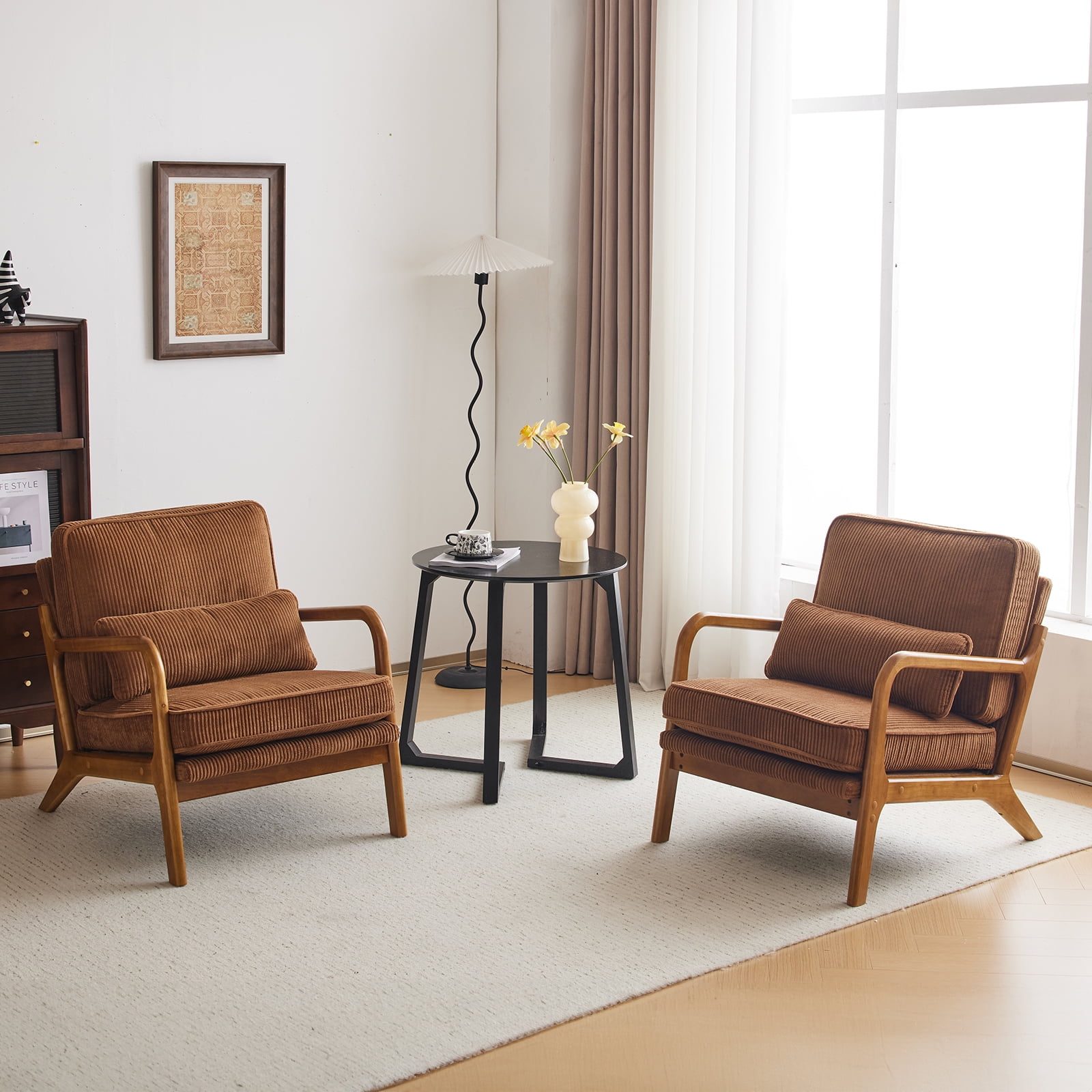 Ktaxon Set of 2 Accent Chair Corduroy Upholstered Armchair, Reading Club Chair with Pillow and Solid Wood Frame for Living Room Bedroom Furniture Brown