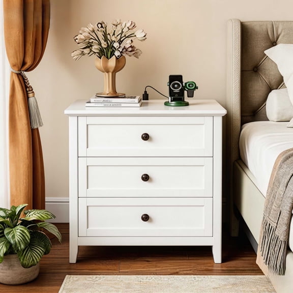 Ktaxon Wood Nightstand with Charging Station, End Table Wooden Bedside Table Large Capacity Easy to Assemble, White