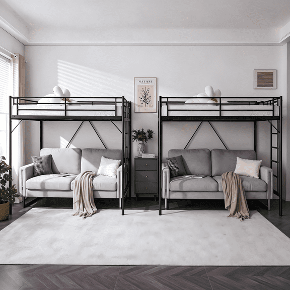 Ktaxon Set of 2 Loft Bed Twin Size with Flat Rungs for Adults and Young Teens, No Box Spring Required,Heavy Duty Metal Slat Support,Black