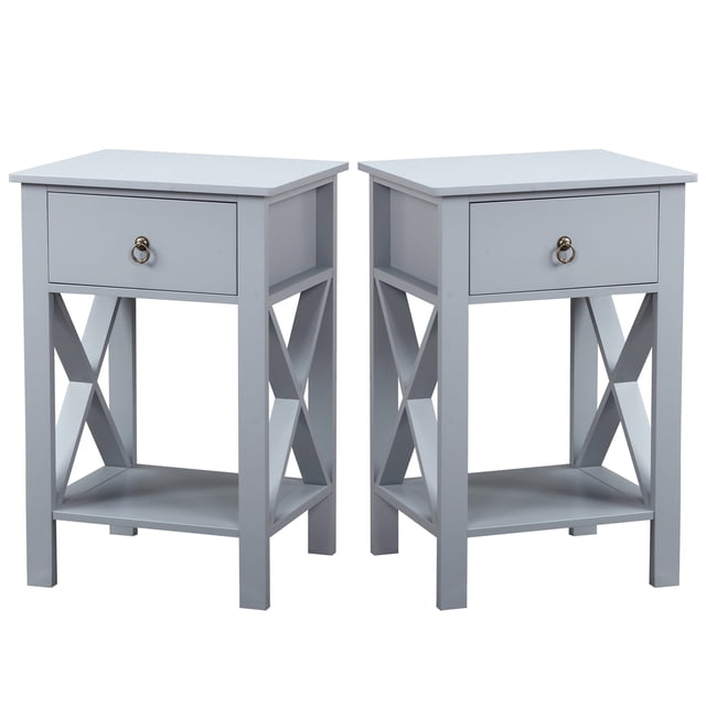 Ktaxon Set of 2 Nightstands for Bedroom Rustic Bedside End Tables with Drawer Storage,Gray