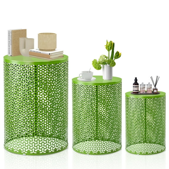 Ktaxon Set of 3 Nesting Stackable Patio Accent Tables, Round Barrel Shape Metal Frame Indoor Outdoor, 12/14/16 in