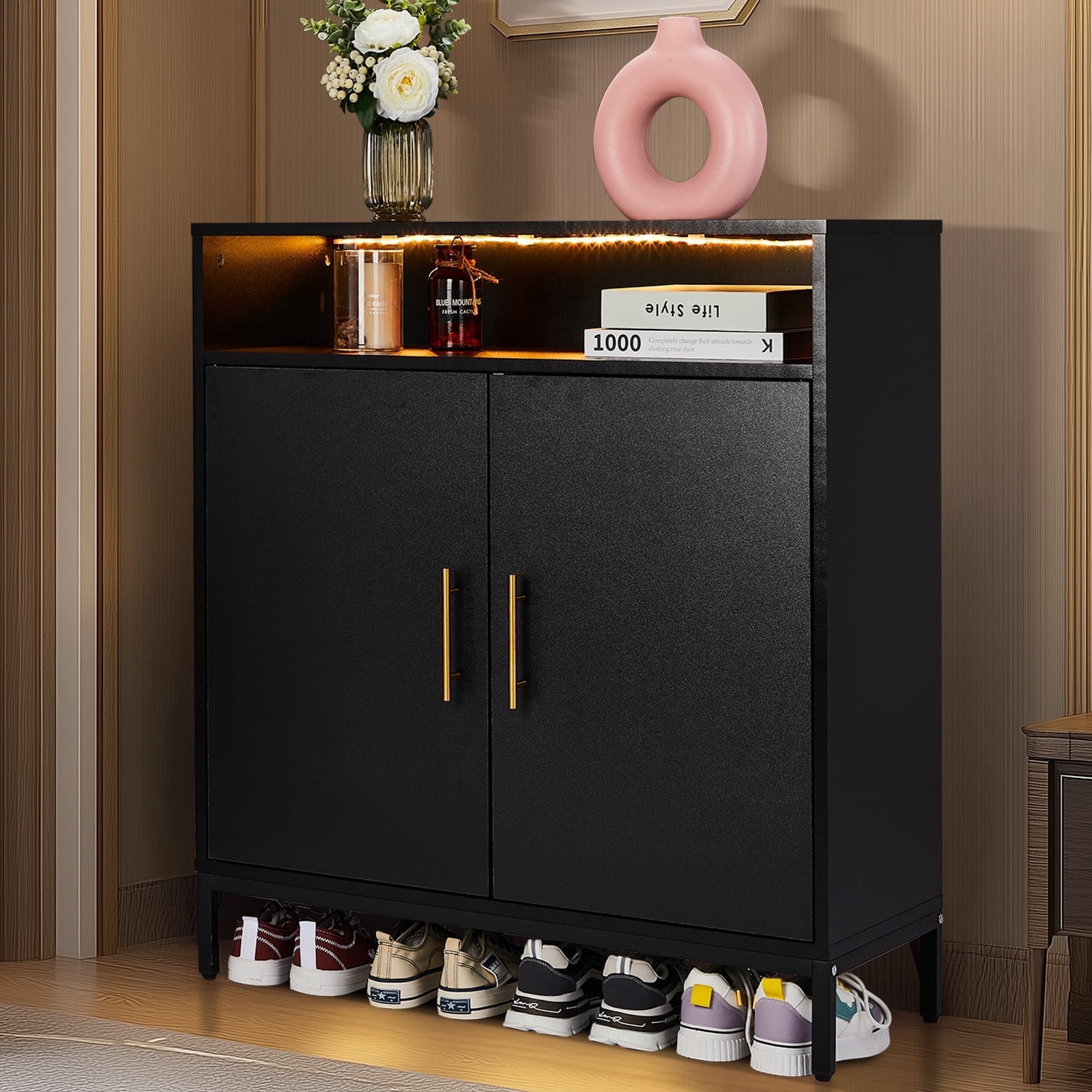 Ktaxon Shoe Cabinet Double Door 6 Tiers with High Feet & LED