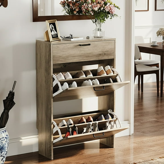 Ktaxon Shoe Cabinet Storage with 2 Flip Drawers & Drop-Down Door for Entryway, Washed Gray