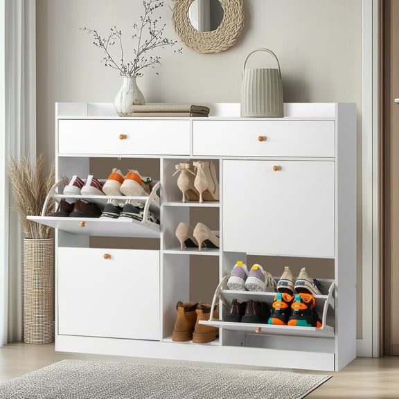 Ktaxon Shoe Cabinet with 4 Flap Drawers, Pull-out Drawers and 3-Tier Open Shoe Rack, for Entryways, White