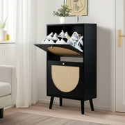 Ktaxon Shoe Storage Cabinet with 2 Flip Drawers, Black Rattan Entryway Shoe Organizer Rack Wooden for Entryway Hallway, Bedroom, Living Room, Apartment