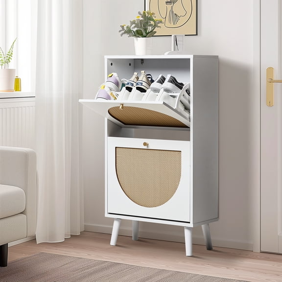 Ktaxon Shoe Storage Cabinet with 2 Flip Drawers, White Rattan Entryway Shoe Organizer Rack Wooden for Entryway Hallway, Bedroom, Living Room, Apartment