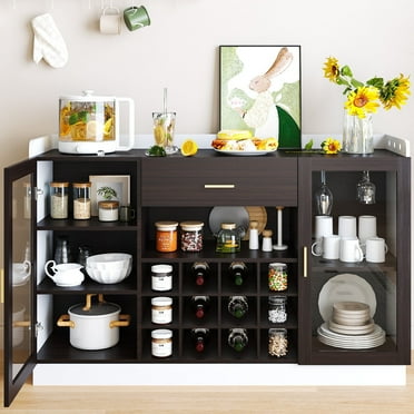 Modern Sideboard Buffet with Wine Racks & Storage, 55 " Large Coffee Bar Cabinet with Glass Doors and Shelves for Dining Room, White
