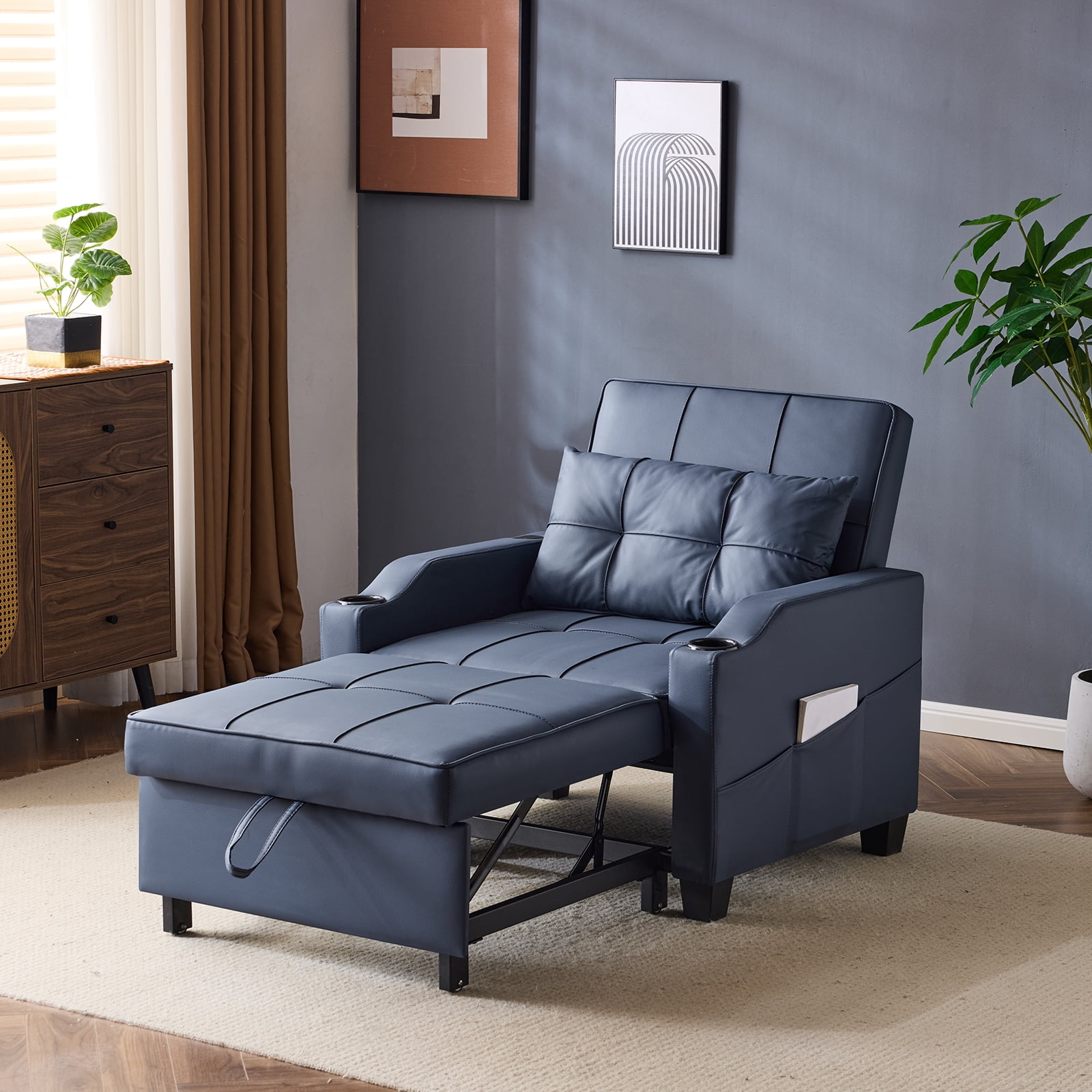 Ktaxon Sleeper Sofa Bed Convertible Chair Faux Leather 3-in-1 Futon Sofa with Lumbar Pillow for Living Room Bedroom Office Apartment Furniture Blue