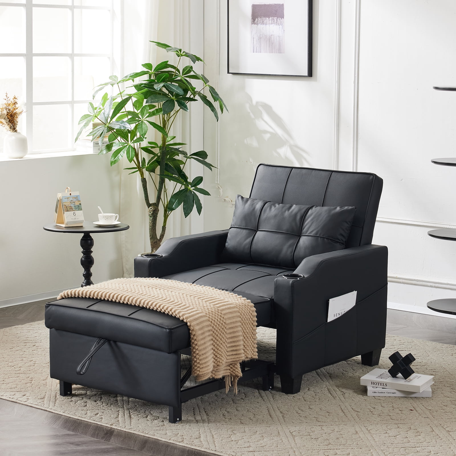 Ktaxon 3-in-1 Single Sofa Bed, Convertible Lounge Couch, Easy to Assemble, Tech Fabric Futon with Lumbar Pillow, Black
