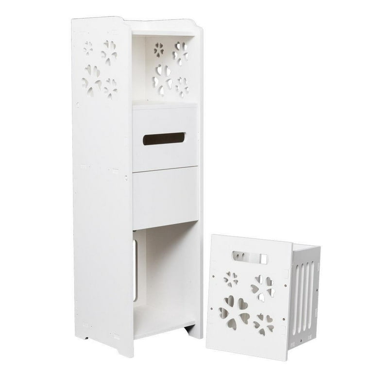 Freestanding Slim Storage Cabinet Bathroom Narrow with Toilet Paper Holder  & Trash Can