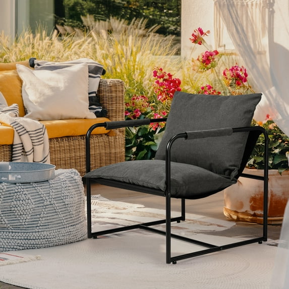Ktaxon Sling Accent Chair, Modern Metal Framed Armchair with Thicked Cushions, Mid-Century Leisure Chair for Indoor, Oudoor, Garden, Reading Room, Living Room , Gray