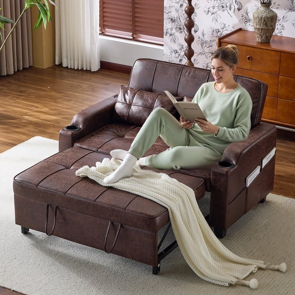 Ktaxon Sofa Bed, Bronzing Cloth Mechanical Pull-Out Loveseat, Convertible Couch for Living Room, Apartment Brown