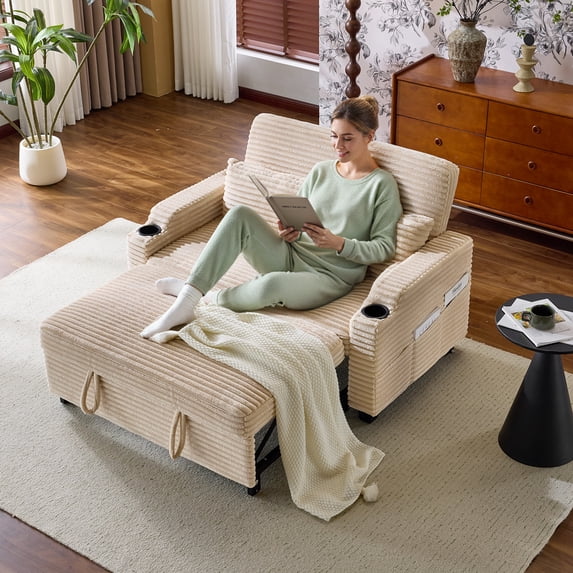 Ktaxon Sofa Bed, Corduroy Mechanical Pull-Out Loveseat, Convertible Couch for Living Room, Apartment Beige