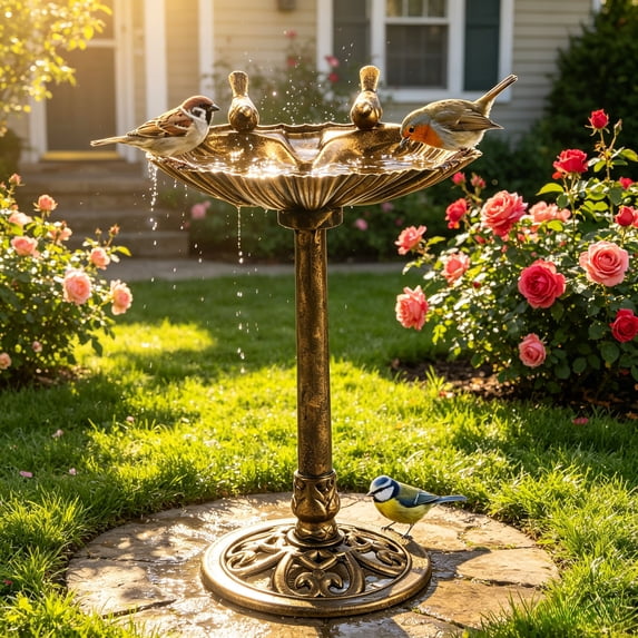 Ktaxon Solar Fountain Bird Bath, Coquille, 19in Resin Garden Decor for Outdoors, Weather Resistant , Bronze