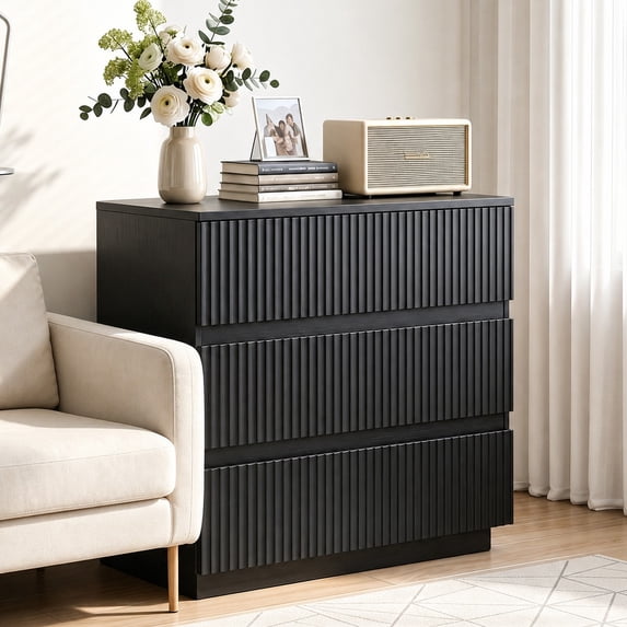 Ktaxon Solid Wood 3 Drawer Dresser Nightstand Modern Wood Chest of Drawers Bedroom Modern Stylish Farmhouse Finish, Black