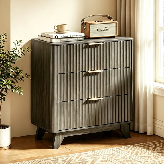 Ktaxon Solid Wood 3 Drawer Nightstand Fluted Bedside Table End Table, Gray