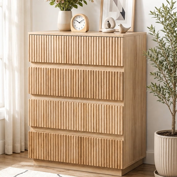 Ktaxon Solid Wood 4 Drawer Dresser Nightstand Modern Wood Chest of Drawers Bedroom Modern Stylish Farmhouse Finish, Oak
