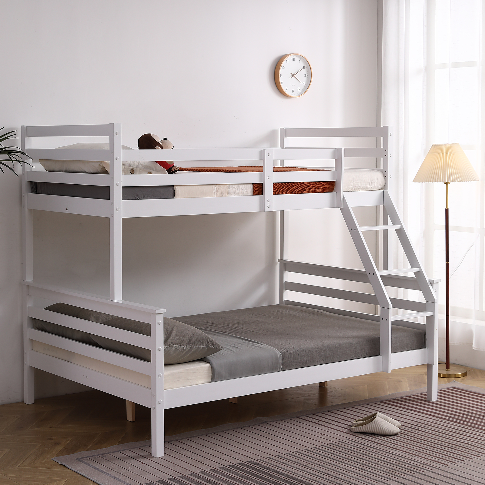 Twin Over Full Bunk Bed, Solid Wood Bed Frame with Trundle, Ladder and