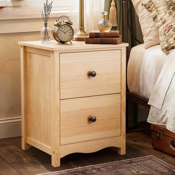 Ktaxon Solid Wood Nightstand with 2 Drawer Traditional Farmhouse Nightstand Bedside Table End Table, Wood