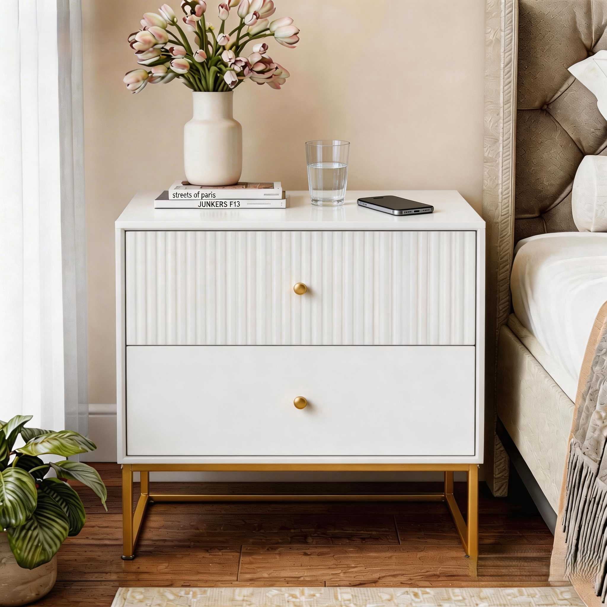 Ktaxon Solid Wood Nightstand with 2 Drawer  Modern Side End Table, for Bedroom, White Nightstand