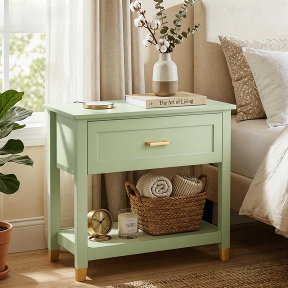 Ktaxon Solid Wood Nightstand with One Drawer Traditional Cottage Bedside Table, Green