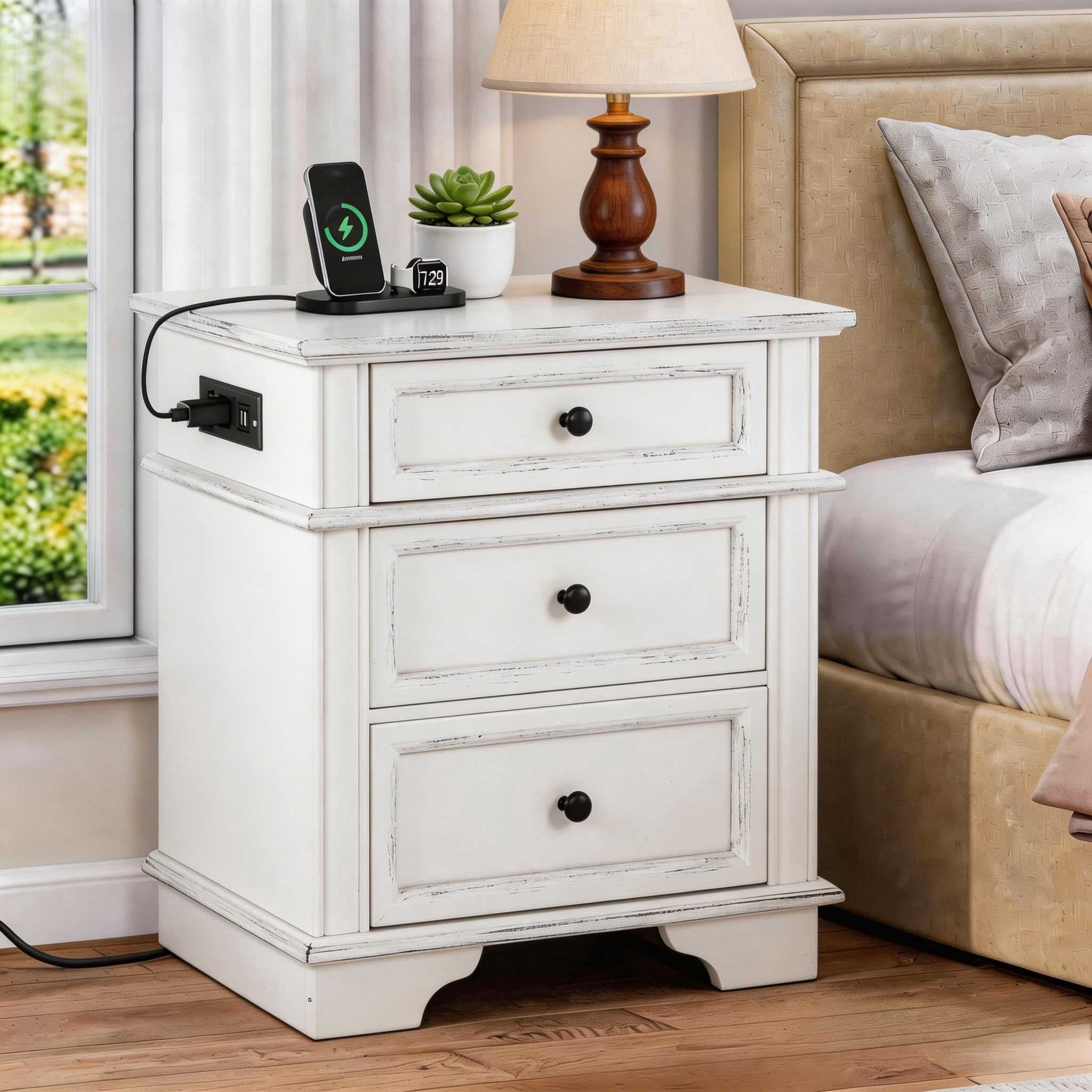 Ktaxon Solid Wood Nightstand with Outlets USB Ports, 3 Drawer