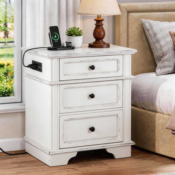 Ktaxon Solid Wood Nightstand with Outlets & USB Ports, 3 Drawer Traditional Cottage Bedside Table, Wash White