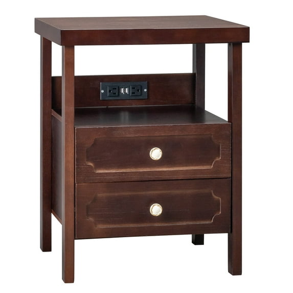 Ktaxon Solid Wood Nightstand with USB Charging Station, Side Table Night Table,Brown